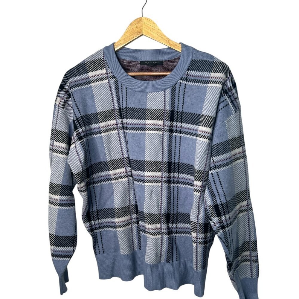 Tahari Women's Baby Blue Plaid‎ Long Sleeve Crew Neck Sweater Size XL Academia